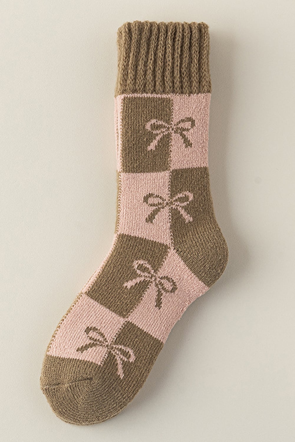 Sage Green Checkered Bowknot Printed Thermal Mid Calf Socks