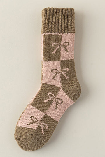 Sage Green Checkered Bowknot Printed Thermal Mid Calf Socks