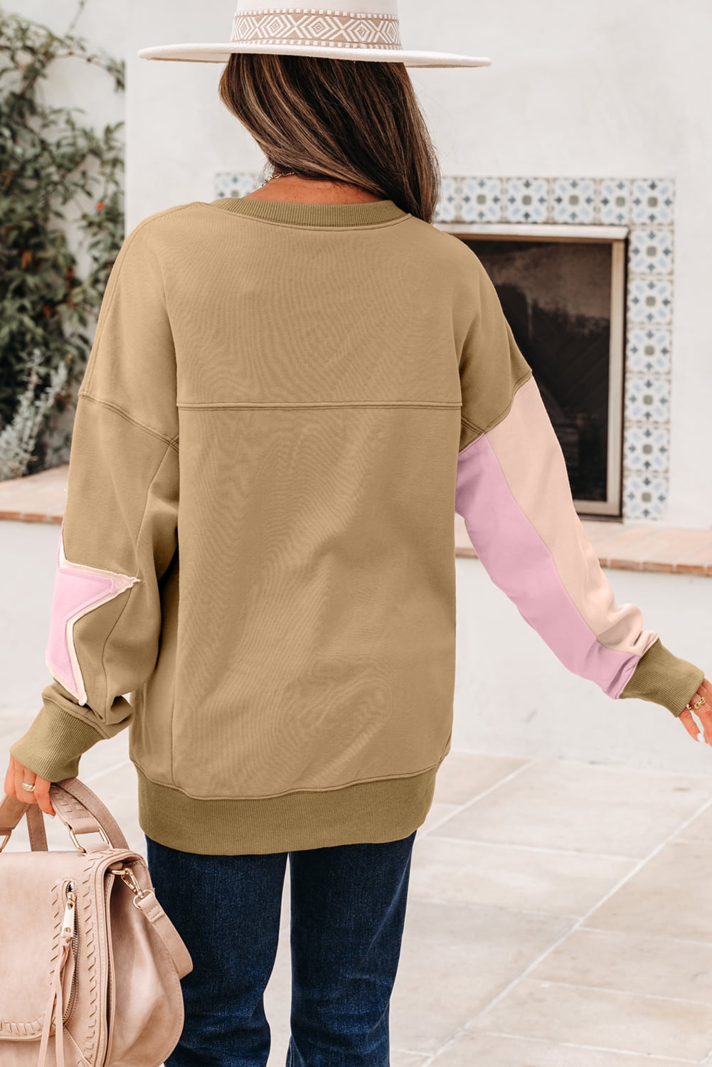 Sage Green Contrast Star Patchwork Exposed Seam Uneven Hem Drop Shoulder Sweatshirt