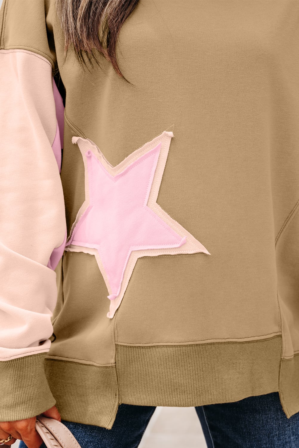 Sage Green Contrast Star Patchwork Exposed Seam Uneven Hem Drop Shoulder Sweatshirt