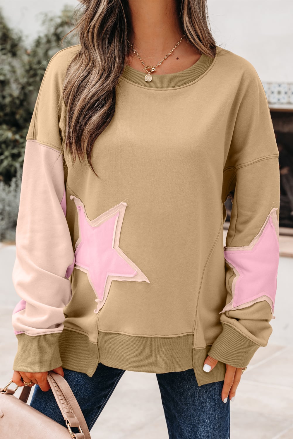 Sage Green Contrast Star Patchwork Exposed Seam Uneven Hem Drop Shoulder Sweatshirt