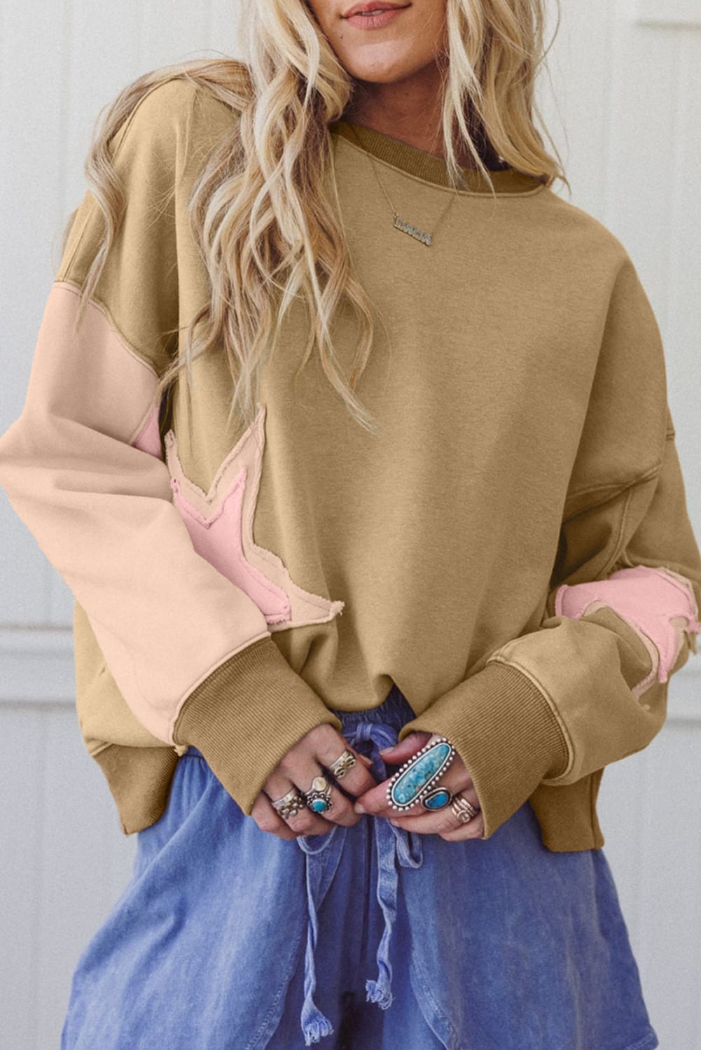 Sage Green Contrast Star Patchwork Exposed Seam Uneven Hem Drop Shoulder Sweatshirt