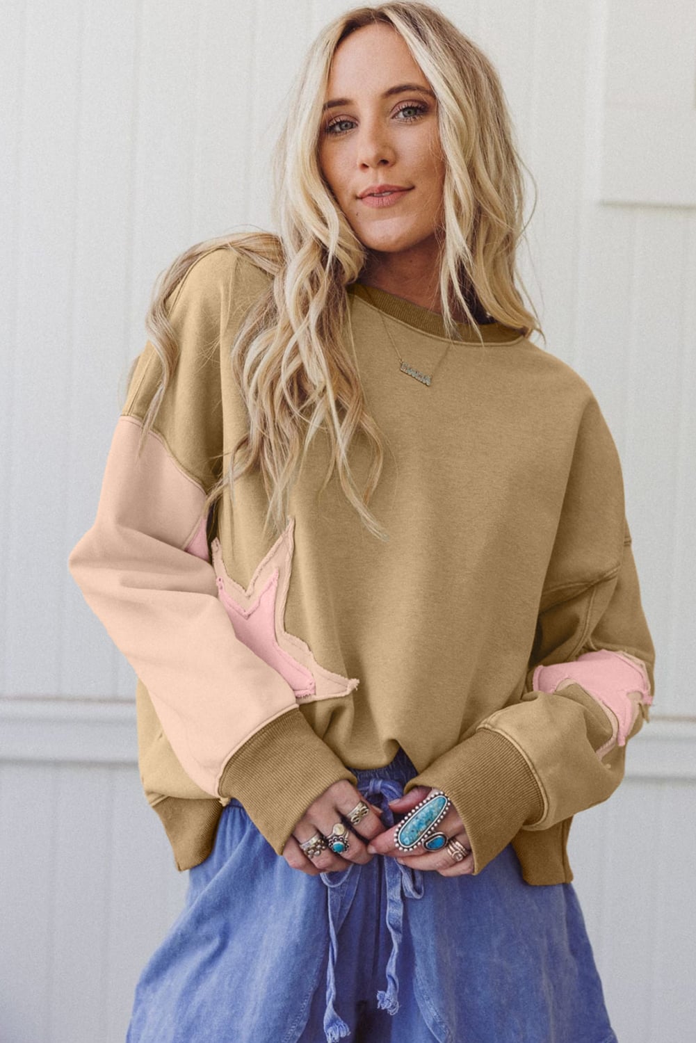 Sage Green Contrast Star Patchwork Exposed Seam Uneven Hem Drop Shoulder Sweatshirt