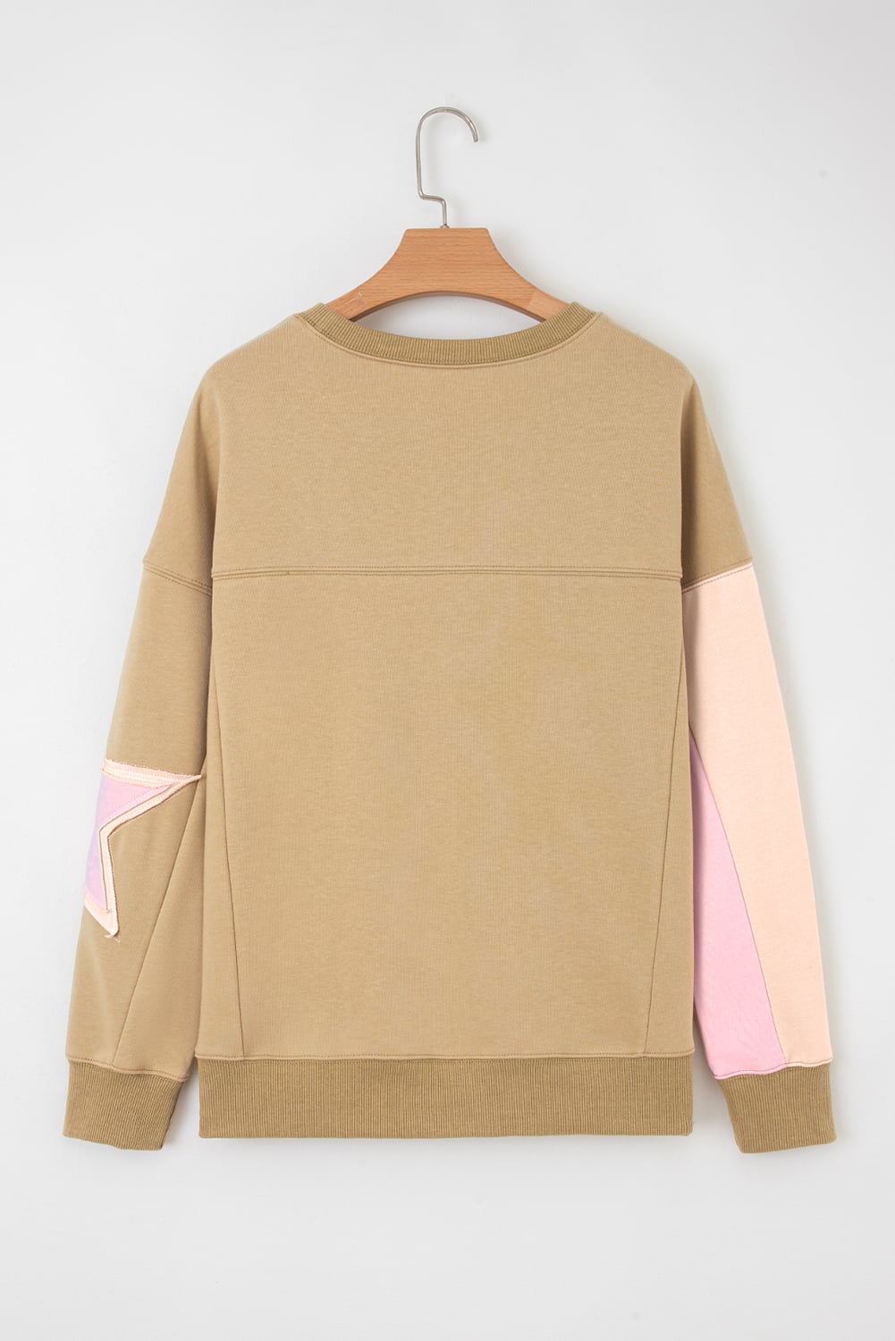 Sage Green Contrast Star Patchwork Exposed Seam Uneven Hem Drop Shoulder Sweatshirt