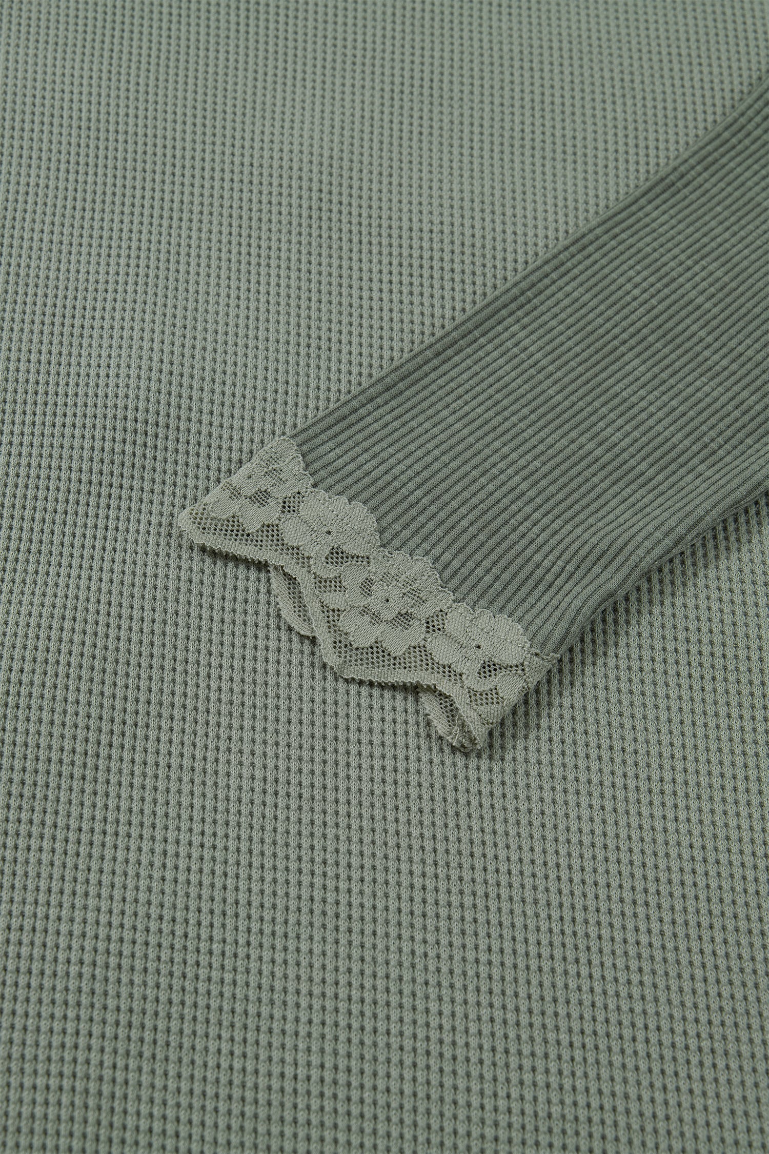 Sage Green Solid Color Waffle Ribbed Lace Patchwork Long Sleeve Top
