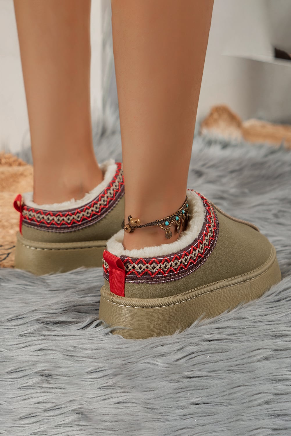 Sage Green Faux Suede Embroidered Detail Plush Lined Platform Slippers