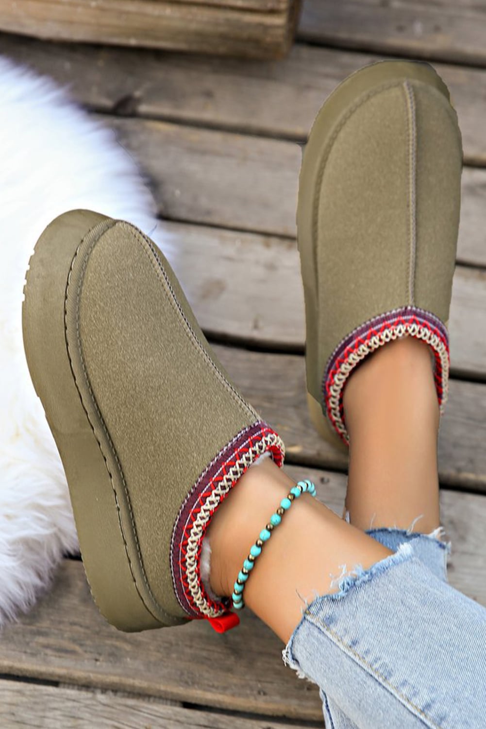 Sage Green Faux Suede Embroidered Detail Plush Lined Platform Slippers