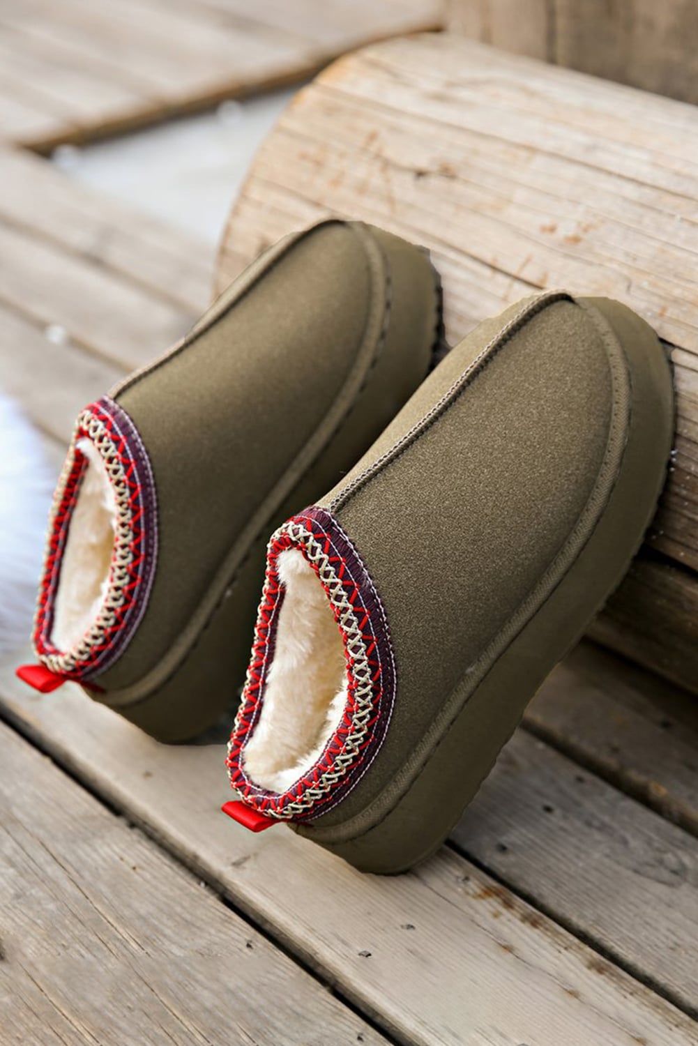Sage Green Faux Suede Embroidered Detail Plush Lined Platform Slippers