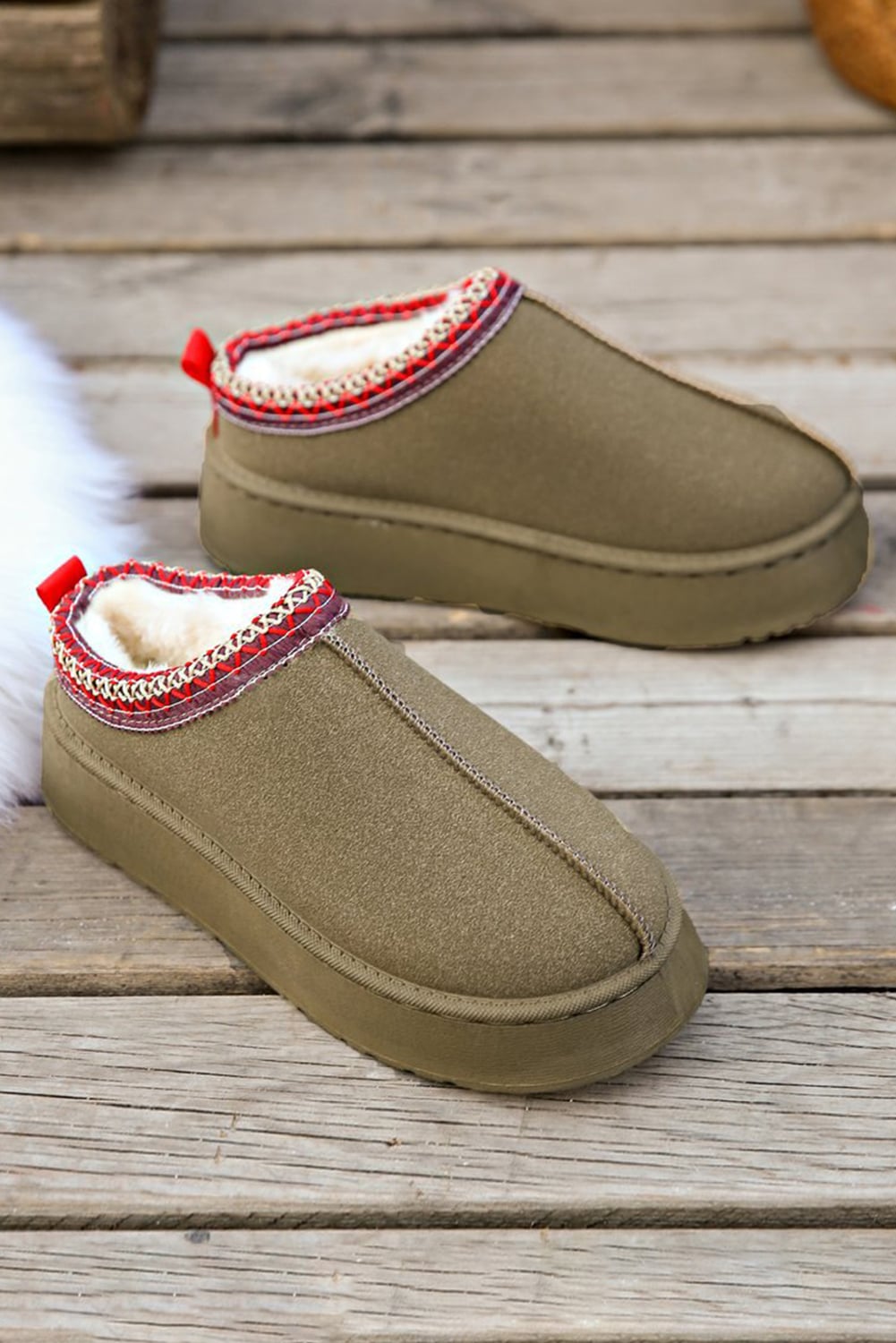 Sage Green Faux Suede Embroidered Detail Plush Lined Platform Slippers