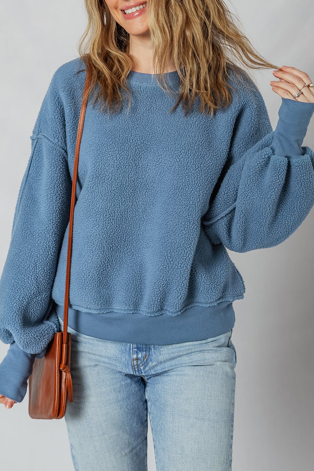 Sail Blue Fleece Drop Shoulder Exposed Seam Patchwork Casual Sweatshirt