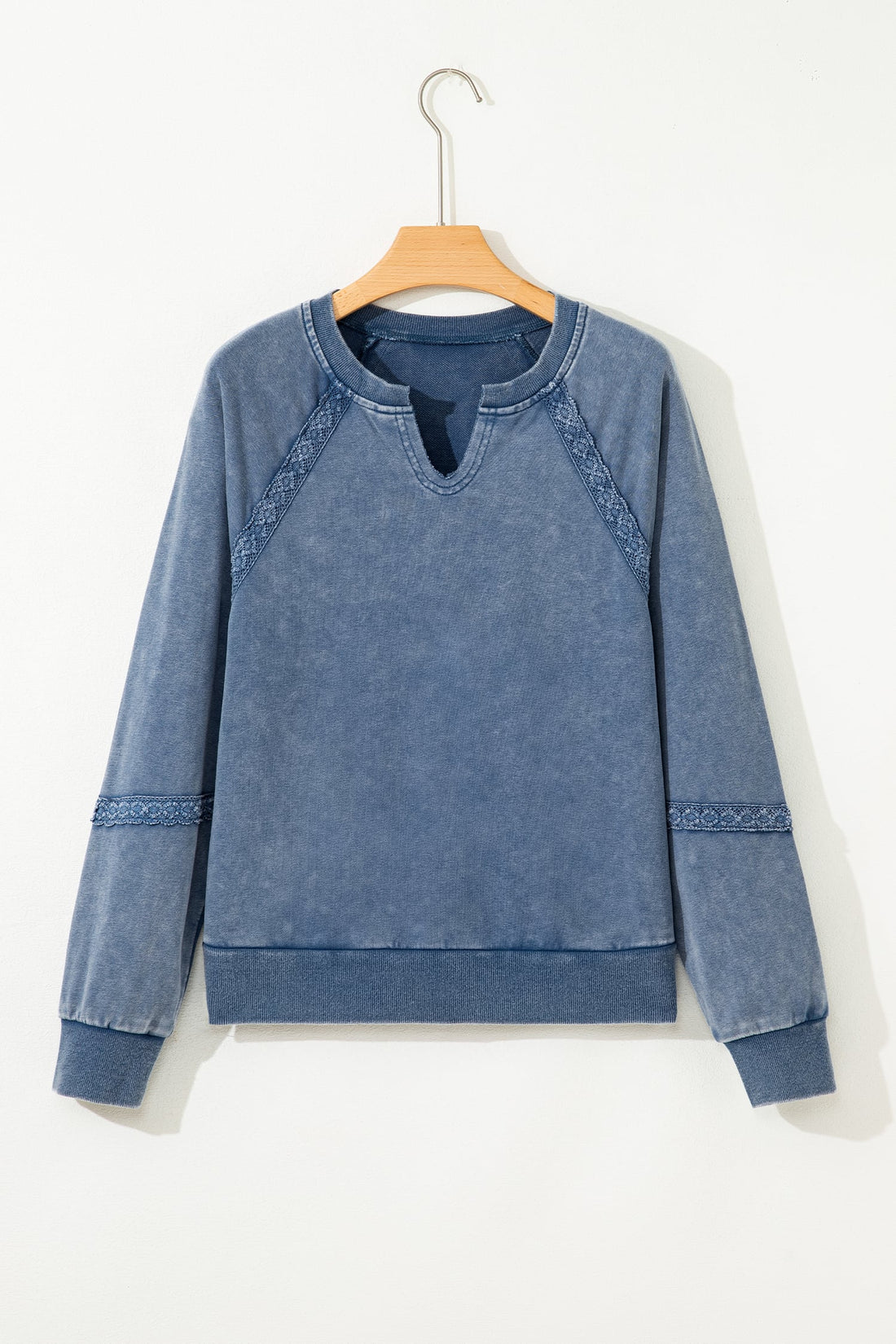 Sail Blue Lace Patchwork Detail Notched Neck Mineral Wash Baggy Sweatshirt