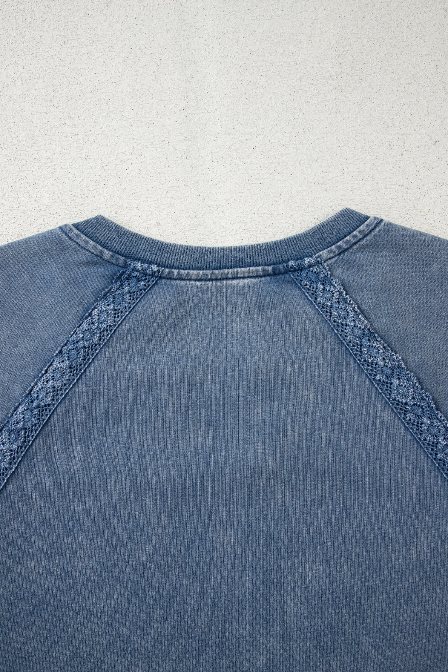 Sail Blue Lace Patchwork Detail Notched Neck Mineral Wash Baggy Sweatshirt