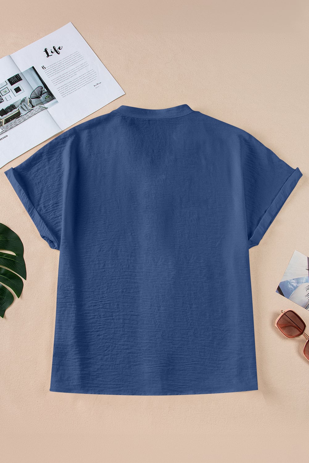 Sail Blue Notched Neck Batwing Sleeve Lightweight Blouse