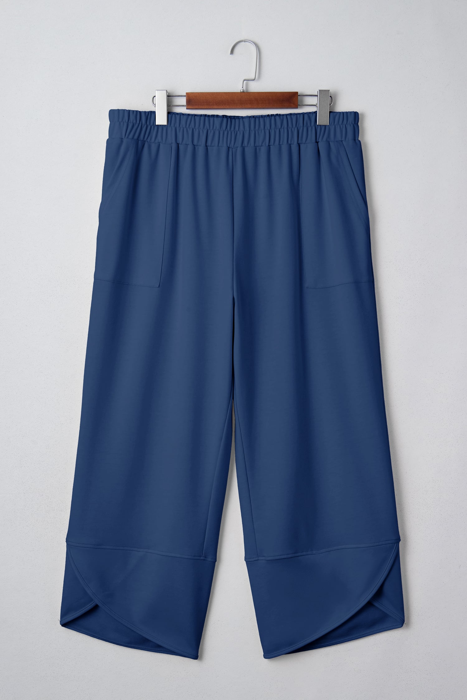 Sail Blue Plus Size Elastic Waist Asymmetrical Hem Loose Capris Pants