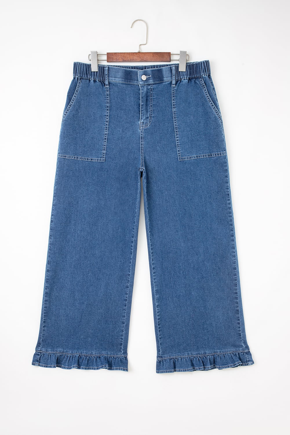 Sail Blue Plus Size Elastic Waist Ruffled Wide Leg Denim Pants