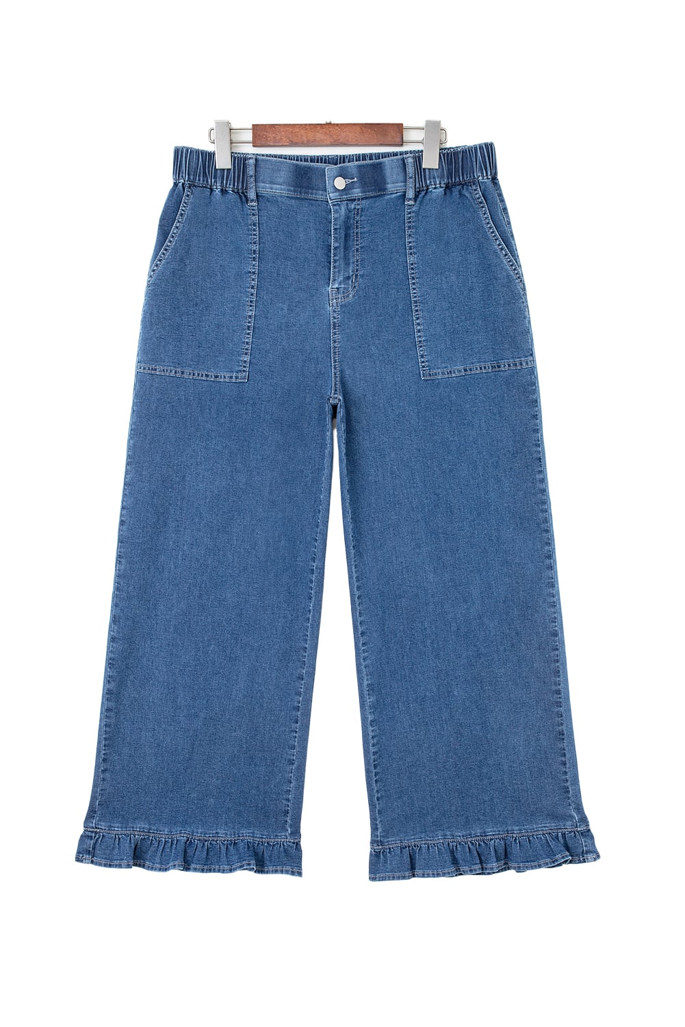 Sail Blue Plus Size Elastic Waist Ruffled Wide Leg Denim Pants