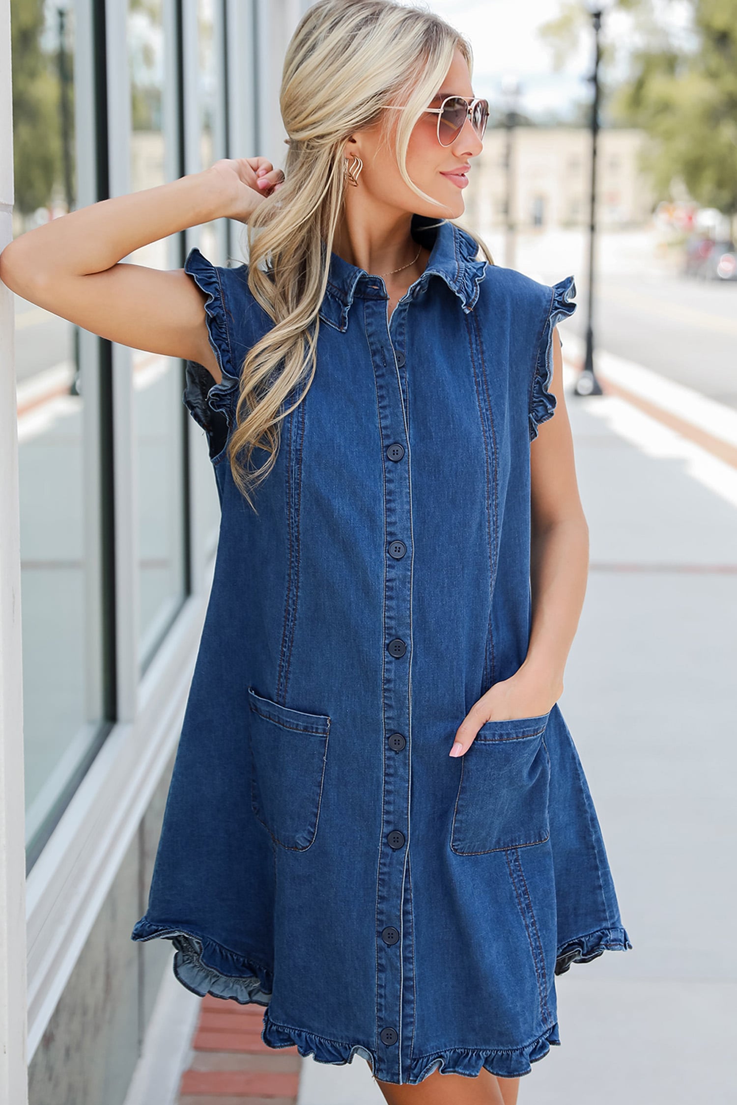 Sail Blue Ruffled Edge Collared Shift Denim Dress with Pockets