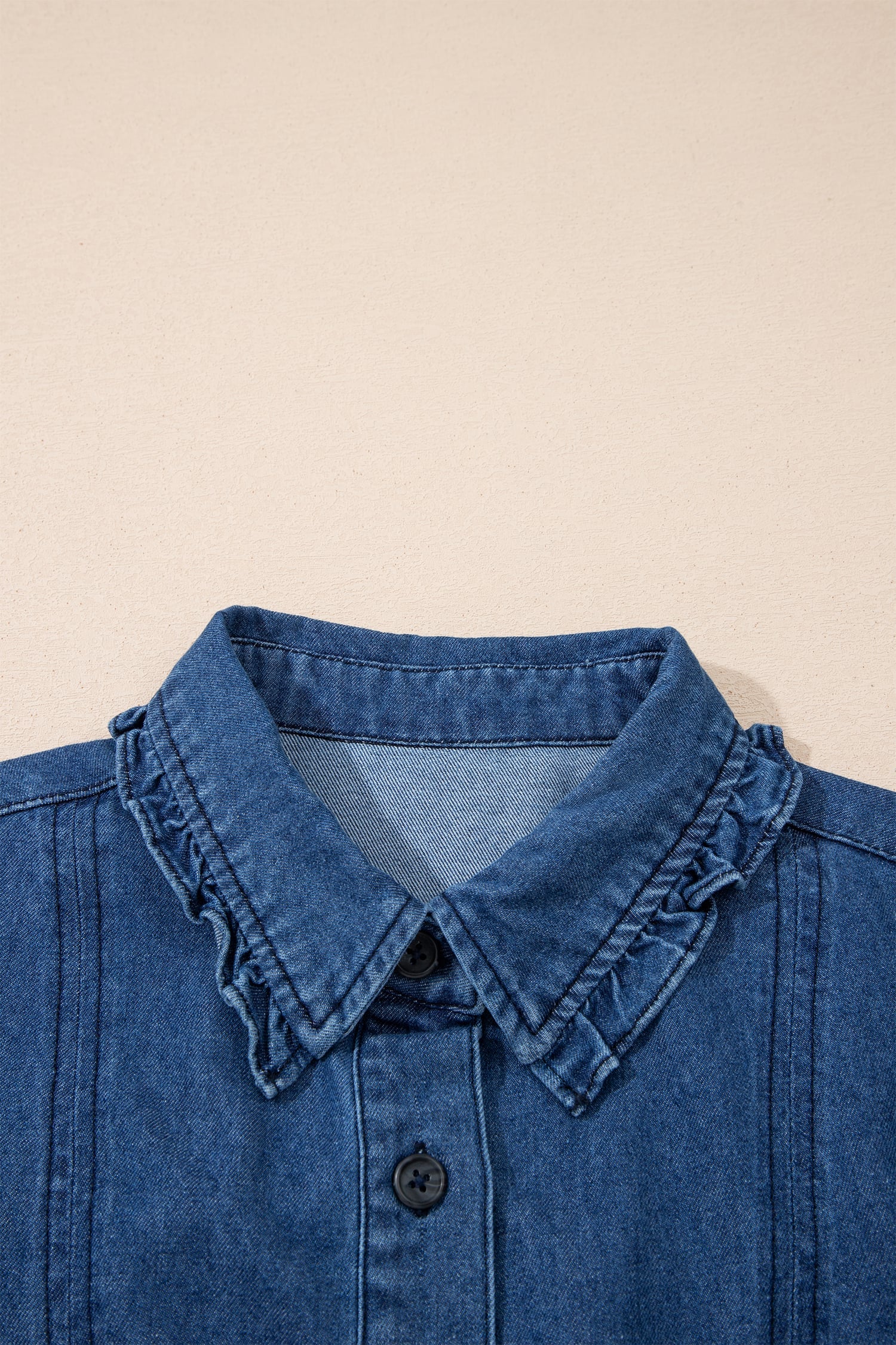 Sail Blue Ruffled Edge Collared Shift Denim Dress with Pockets