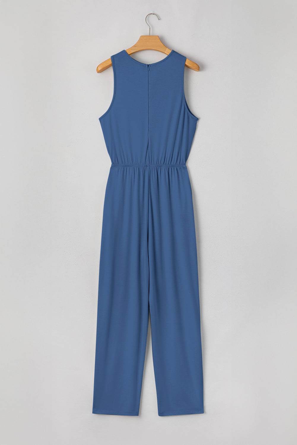 Sail Blue Solid Color Pleated Detail Elastic Waist Sleeveless Jumpsuit