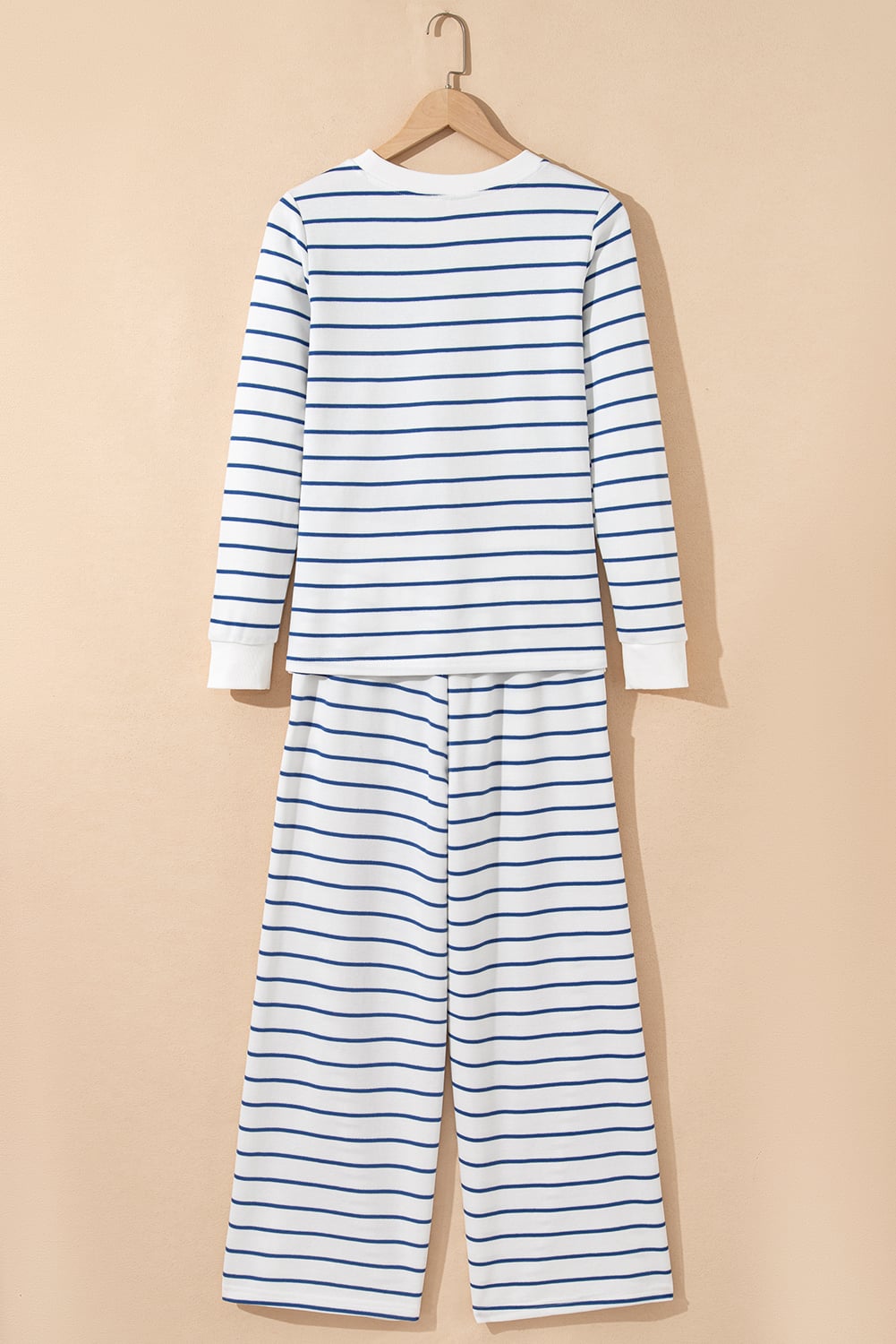 Sail Blue Striped Long Sleeve Top Drawstring Wide Leg Pants 2pcs Outfit