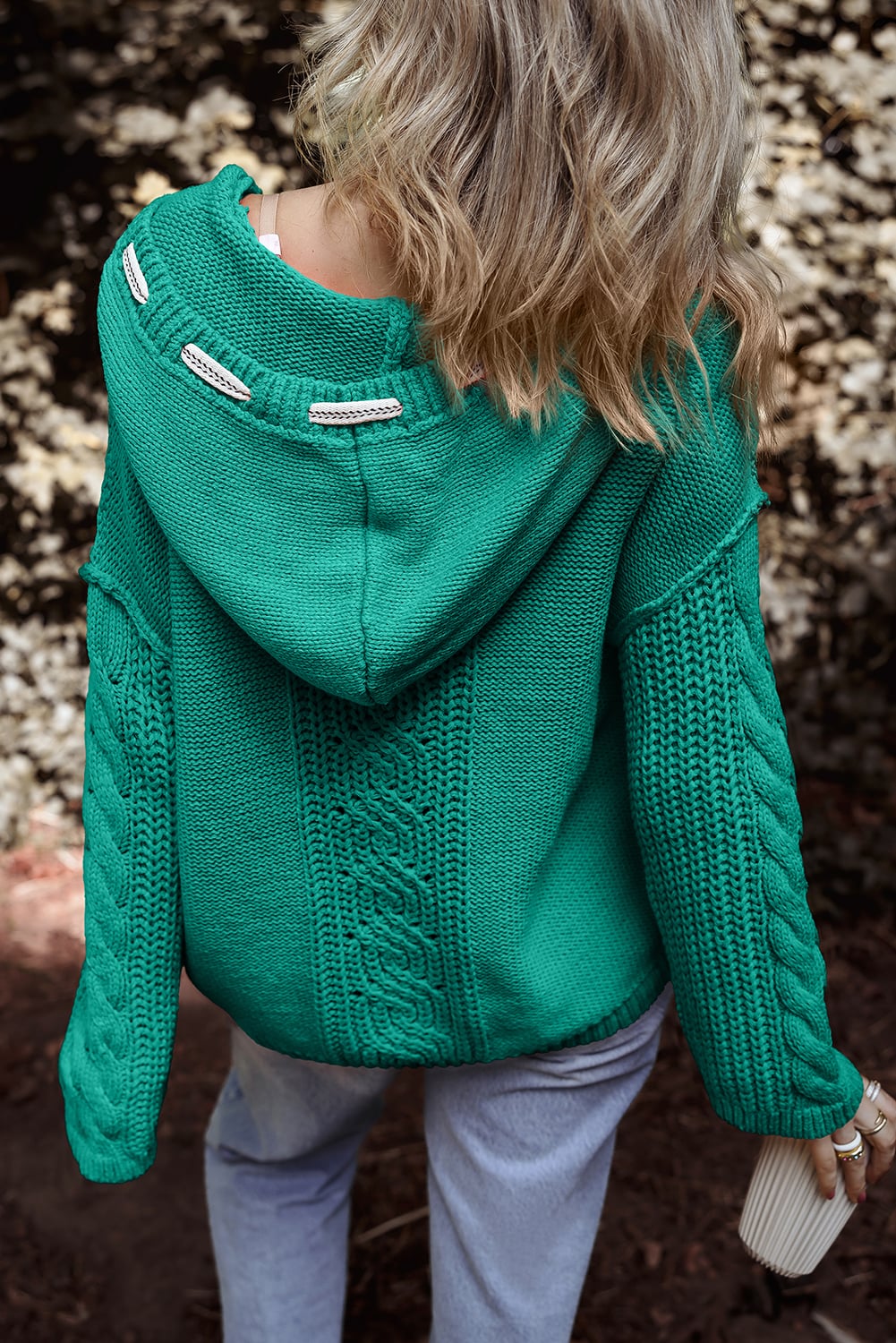 Sea Green Cable Knit V Neck Contrast Drawstring Hooded Sweater