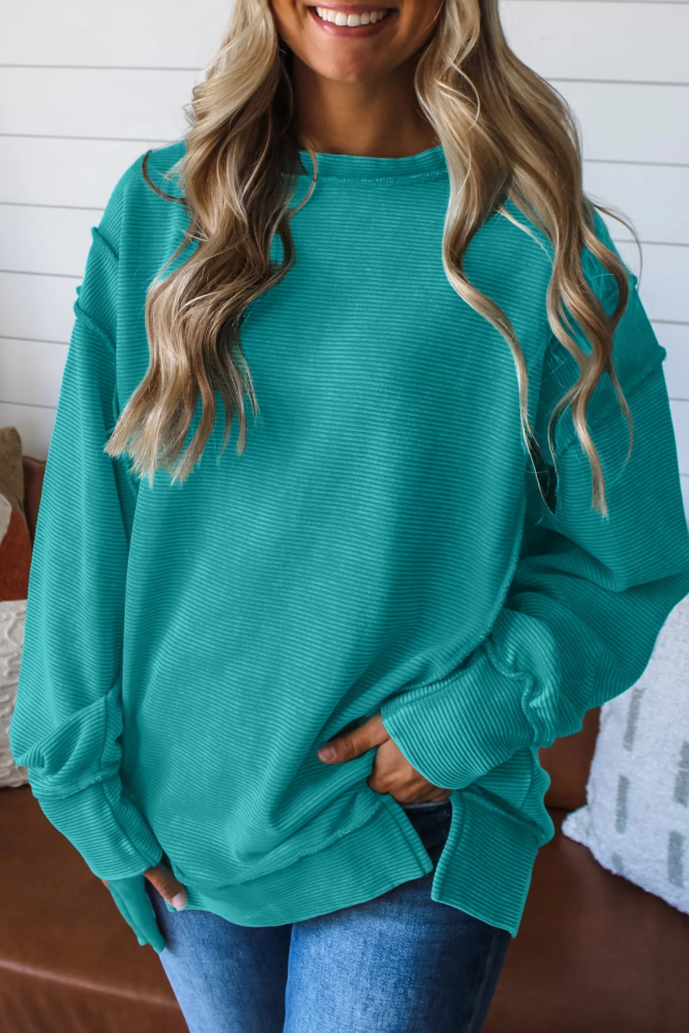 Sea Green Horizontal Ribbed Exposed Seam Detail Drop Shoulder Baggy Pullover