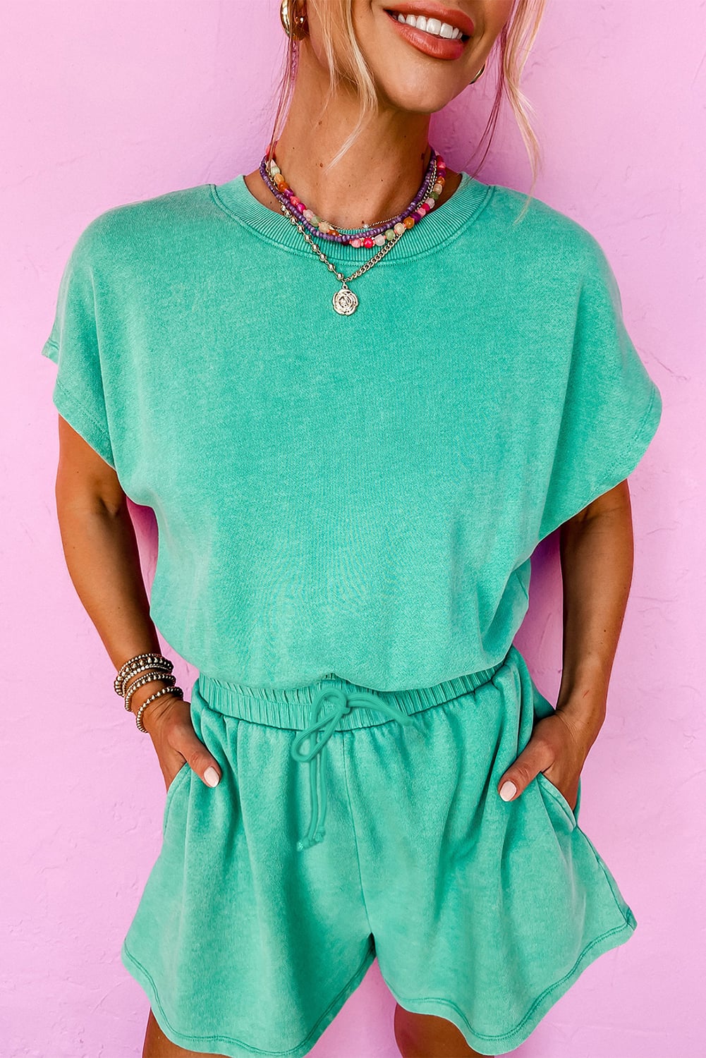 Sea Green Mineral Wash Drawstring Elastic Waistband Hollow Out Back Short Sleeve Romper