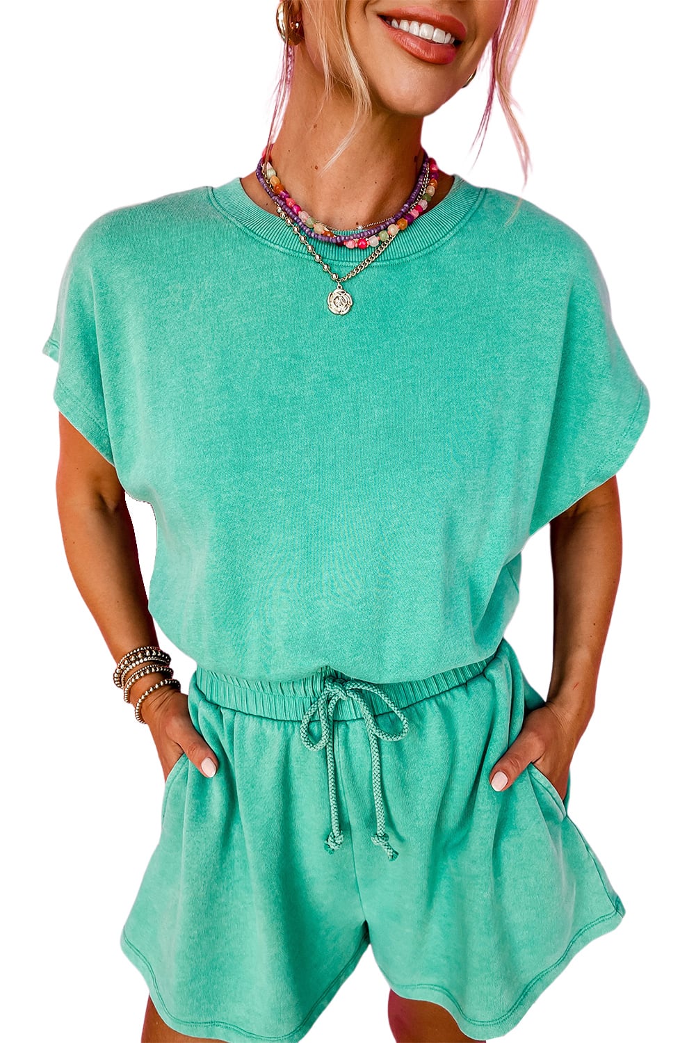 Sea Green Mineral Wash Drawstring Elastic Waistband Hollow Out Back Short Sleeve Romper