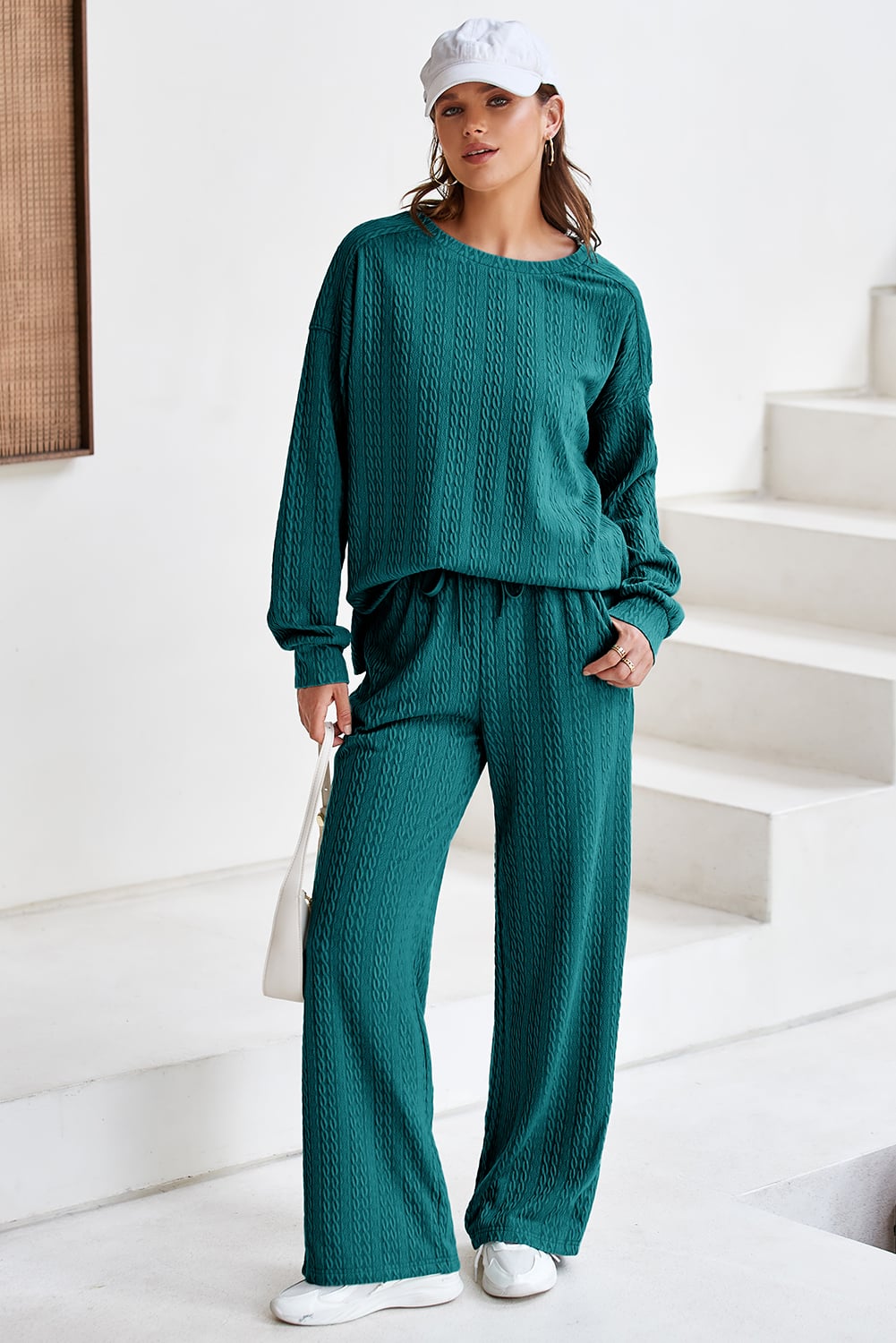 Sea Green Textured Round Neck Sweatshirt & Loose Drawstring High Waist Pant Set