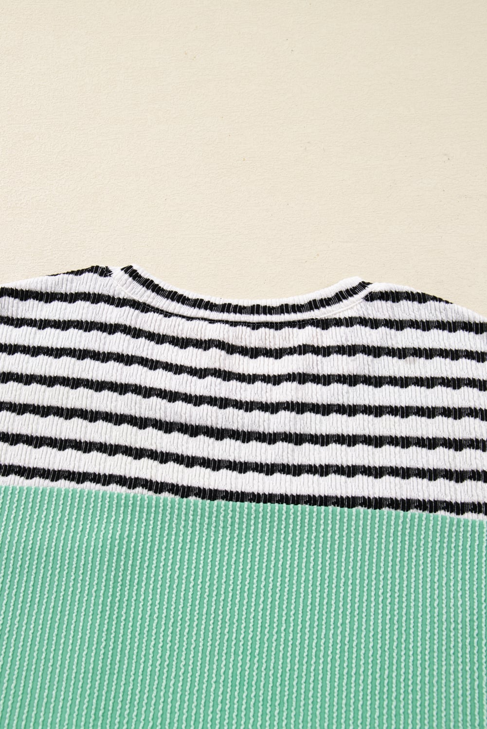 Sea Green Twisted Ribbed Contrast Round Neck Striped Patchwork Long Sleeve Top
