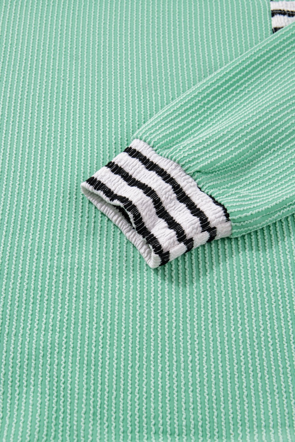 Sea Green Twisted Ribbed Contrast Round Neck Striped Patchwork Long Sleeve Top