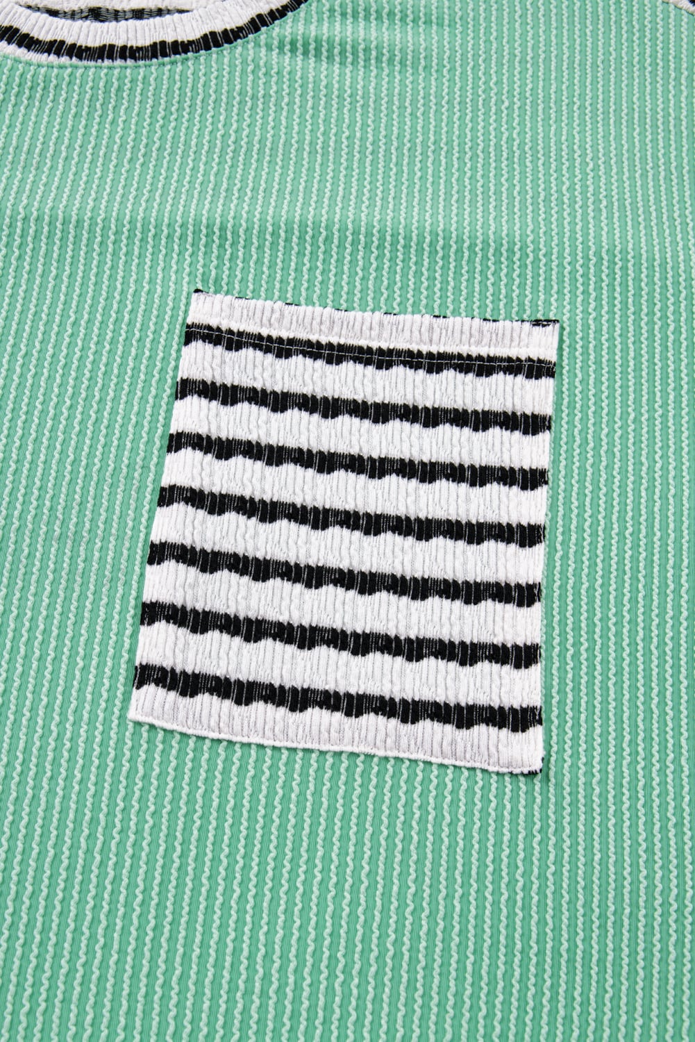 Sea Green Twisted Ribbed Contrast Round Neck Striped Patchwork Long Sleeve Top