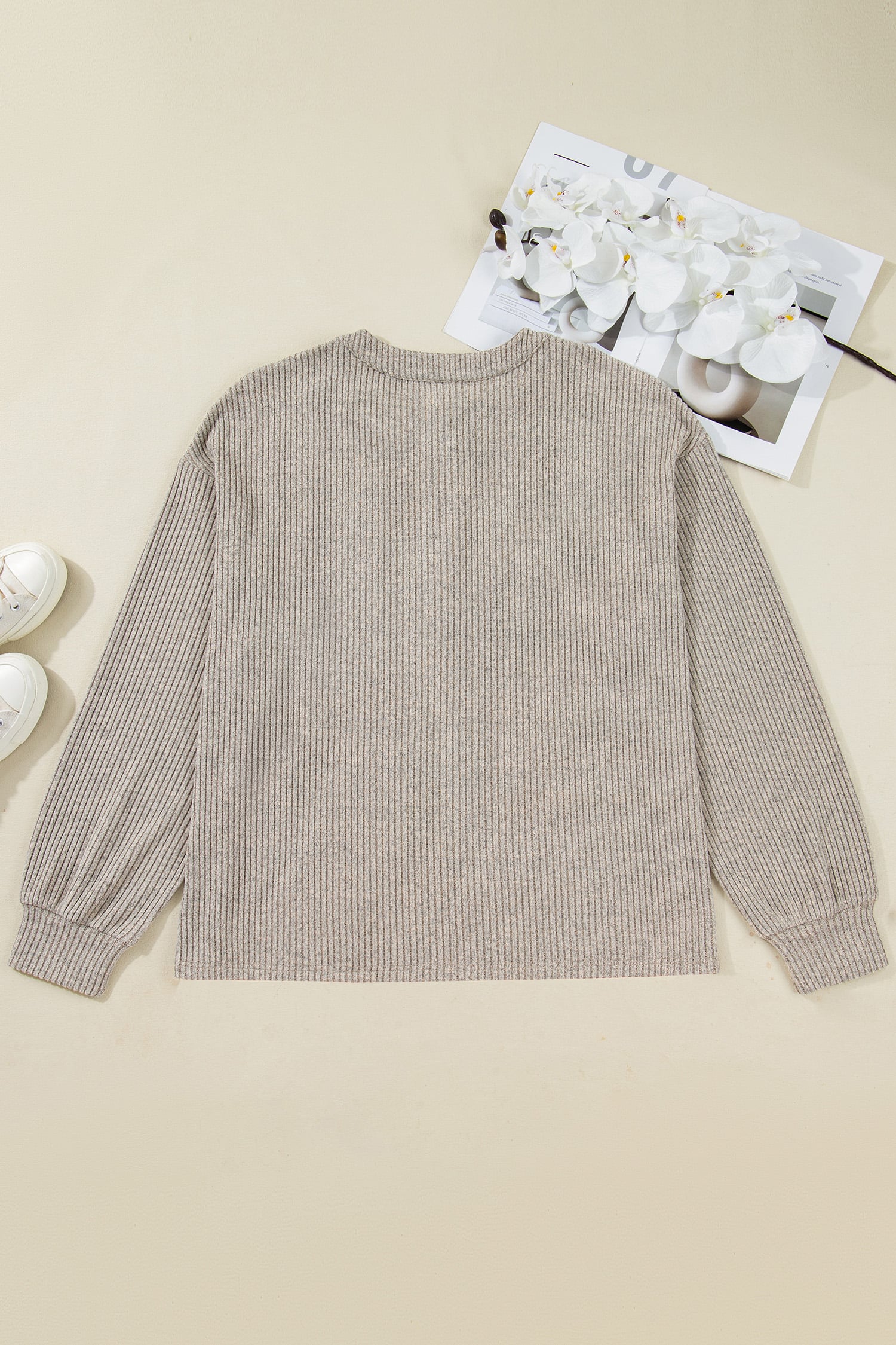 Simply Taupe Plus Size Ribbed Knit Kangaroo Pocket Henley Long Sleeve Top