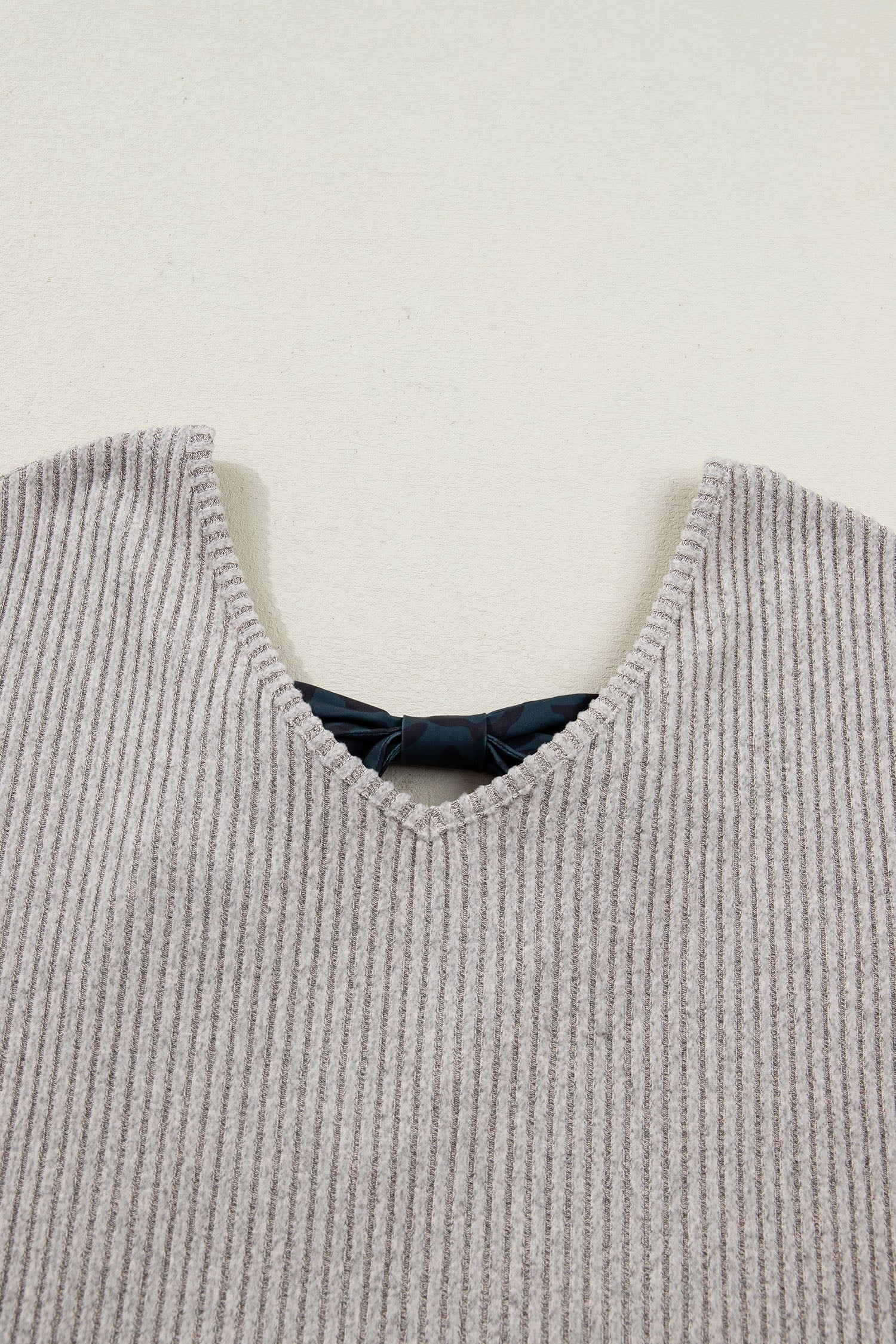 Simply Taupe Ribbed V Neck Contrast Ribbon Bow Back Drop Shoulder Long Sleeve Top