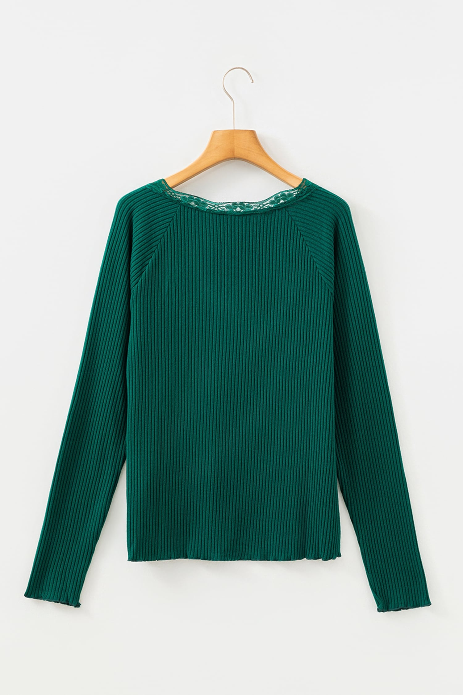 Skobeloff Lace Neckline Button Decor Lettuce Edge Long Sleeve Ribbed Top