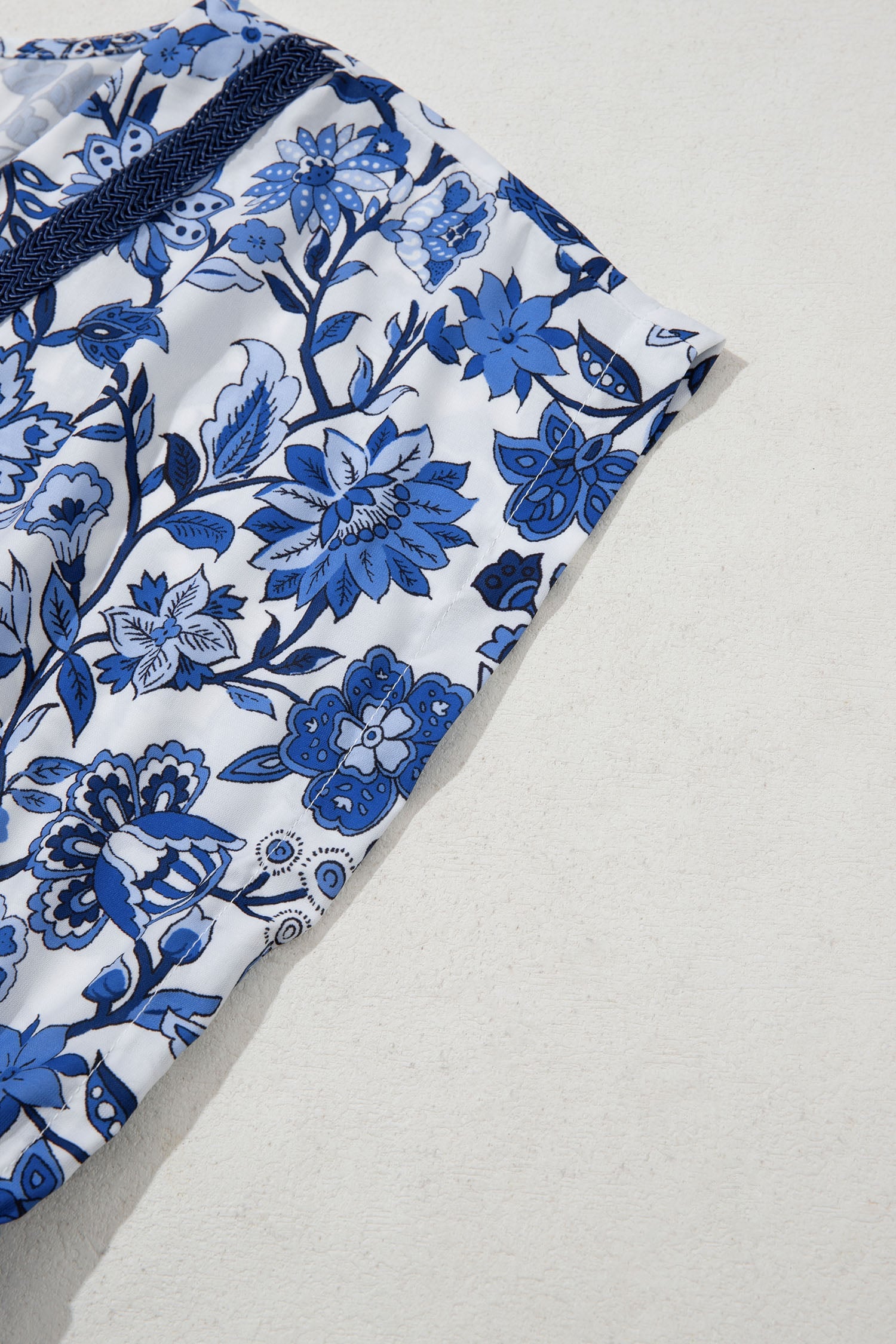 Sky Blue Abstract Print Embroidered Trim V Neck Drawstring High Waist Loose Vacation Dress