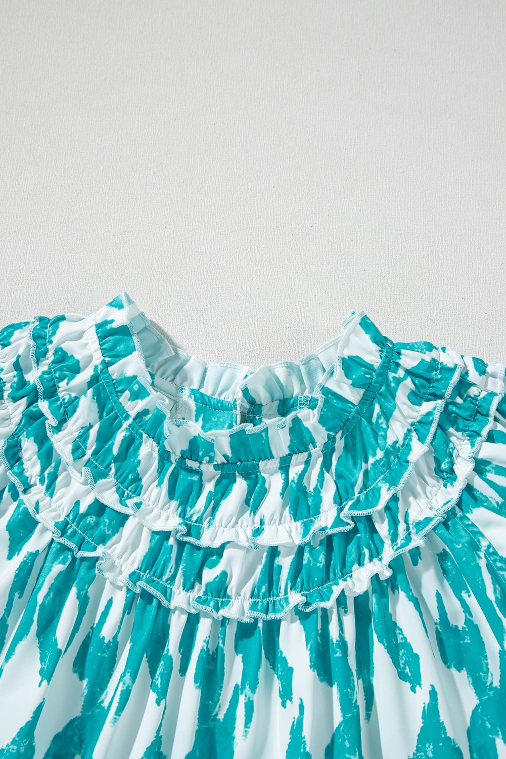 Sky Blue Abstract Print Frilled Crewneck Loose Fit Blouse