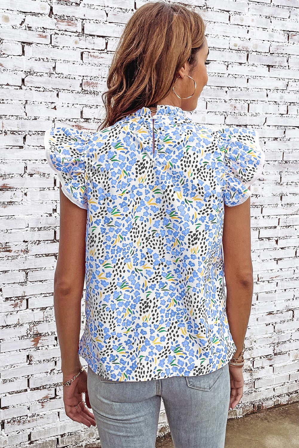 Sky Blue Abstract Print High Neck Flutter Sleeves Top