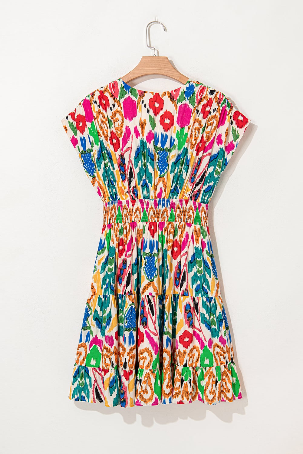 Sky Blue Abstract Print V Neck Dolman Sleeve Ruffle Tiered Mini Dress