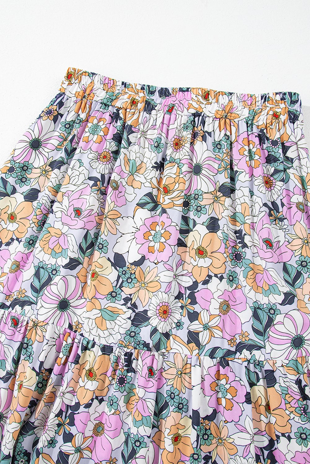 Sky Blue Bohemian Floral Print Tiered Maxi Skirt with Split