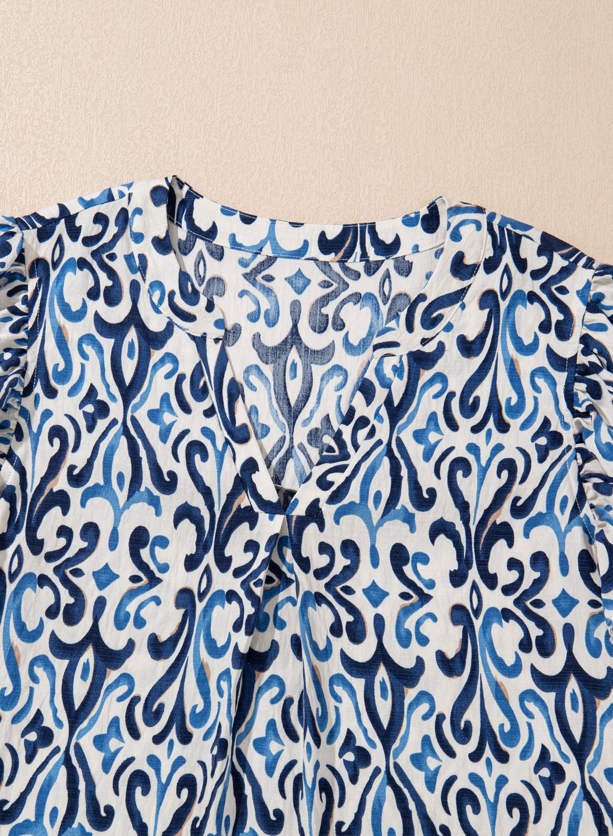 Sky Blue Boho Abstract Print Pintuck Detail Ruffled Top