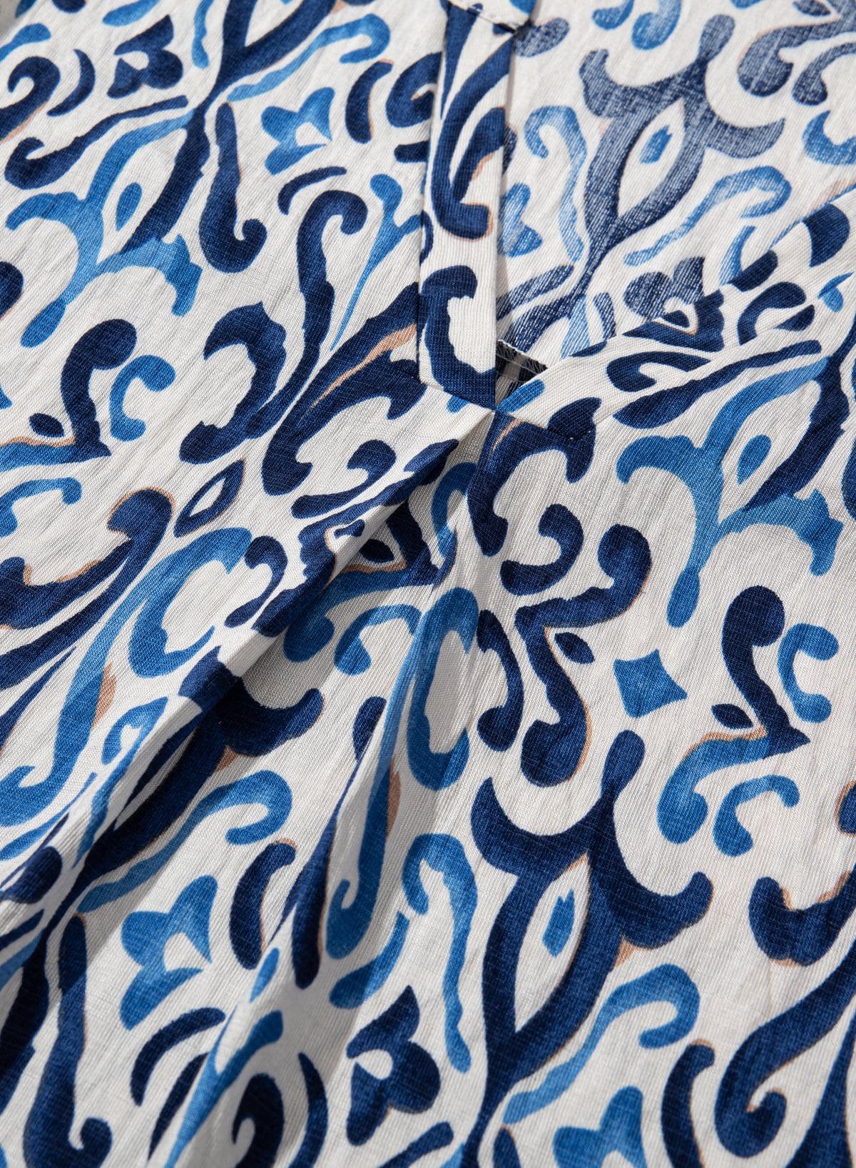 Sky Blue Boho Abstract Print Pintuck Detail Ruffled Top