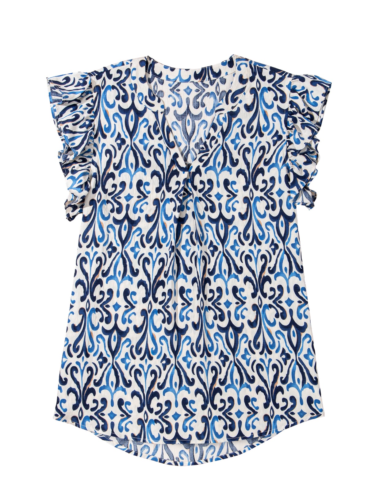 Sky Blue Boho Abstract Print Pintuck Detail Ruffled Top