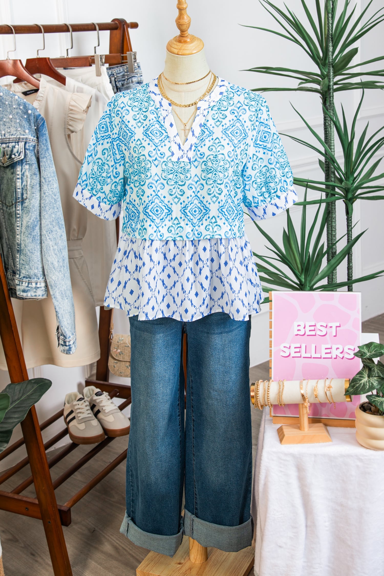 Sky Blue Boho Floral Geometric Patchwork Short Puff Sleeve Babydoll Blouse