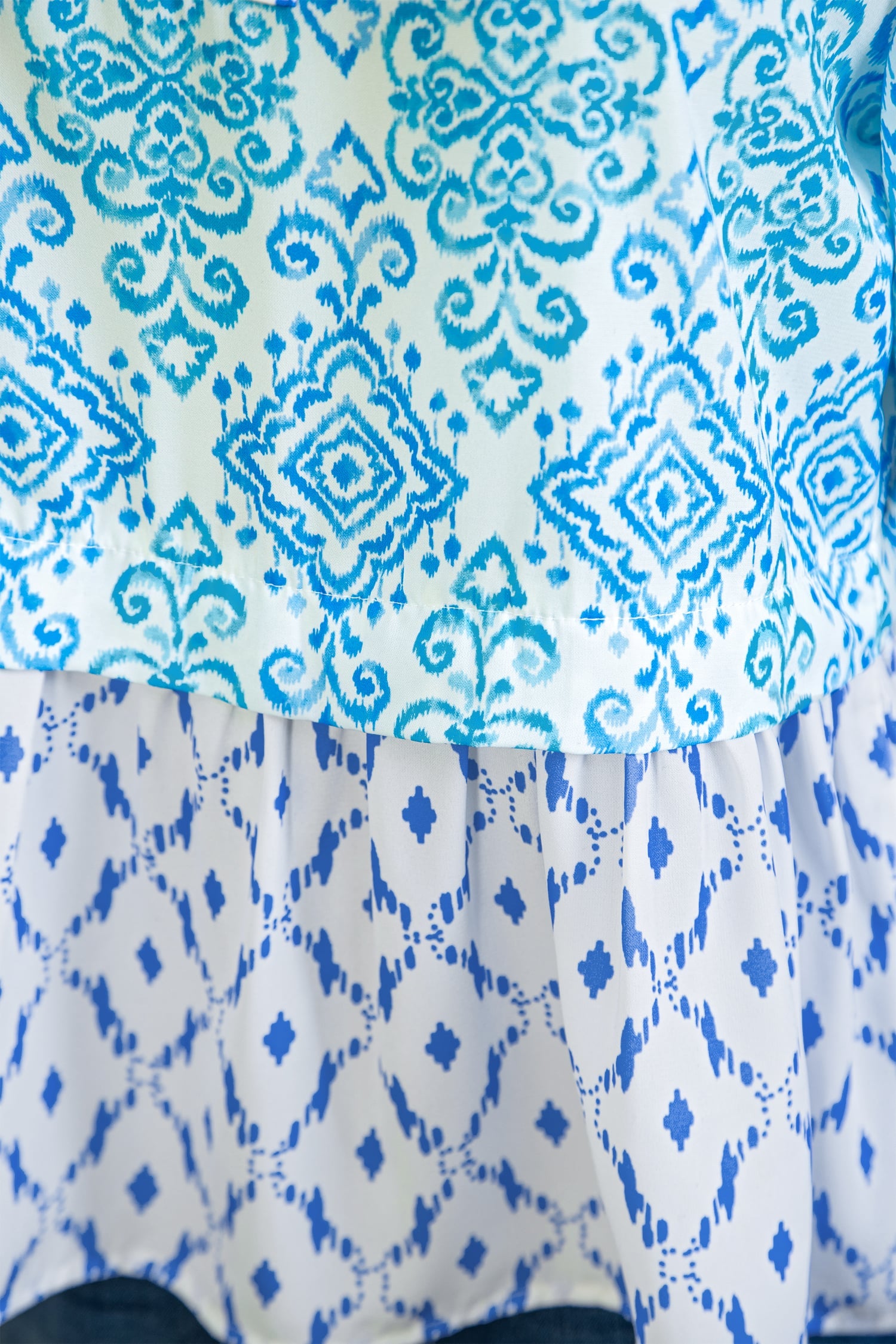 Sky Blue Boho Floral Geometric Patchwork Short Puff Sleeve Babydoll Blouse