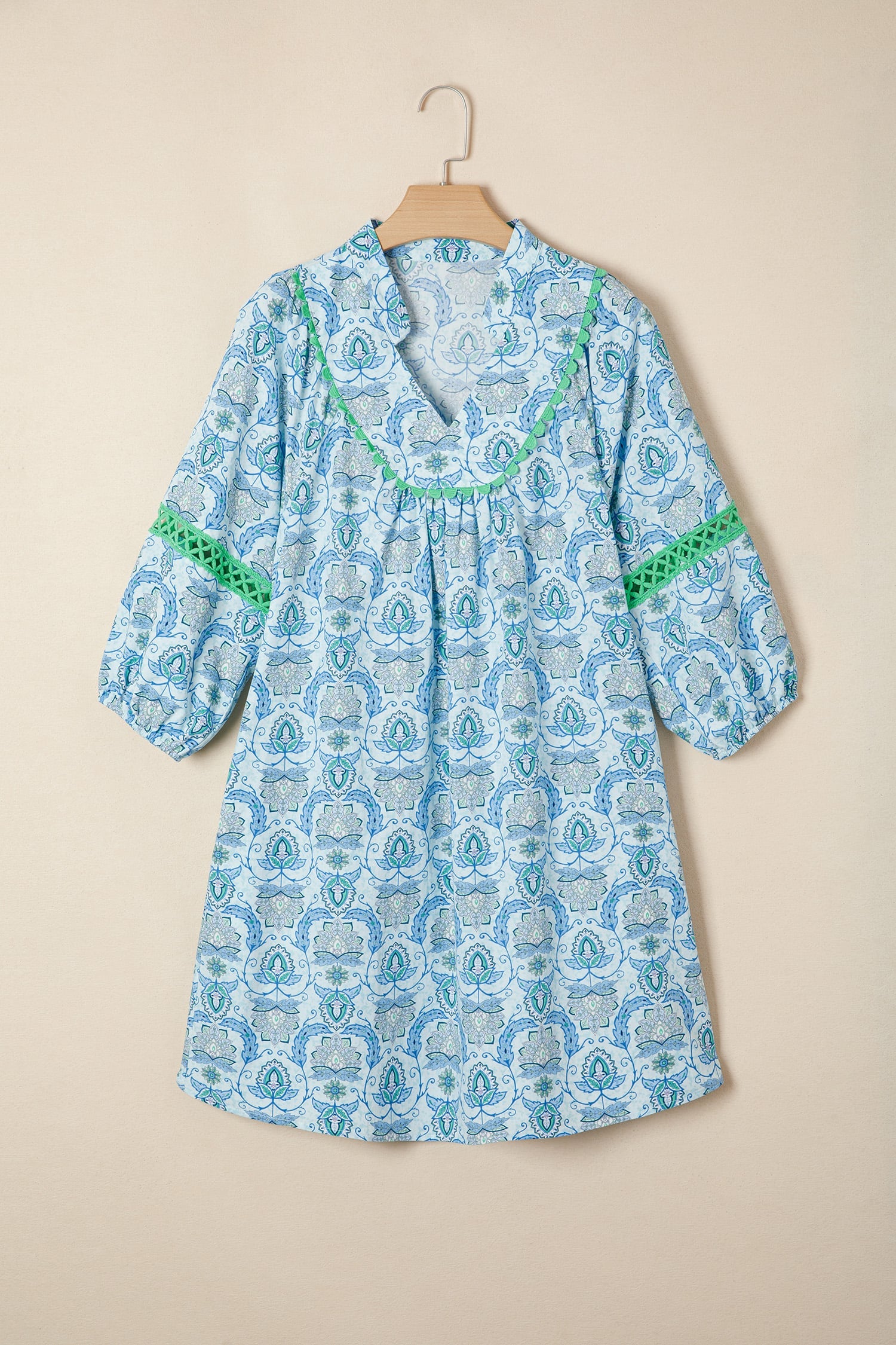 Sky Blue Boho Paisley Print Contrasted Patchwork Detail Bracelet Sleeve Loose Mini Dress