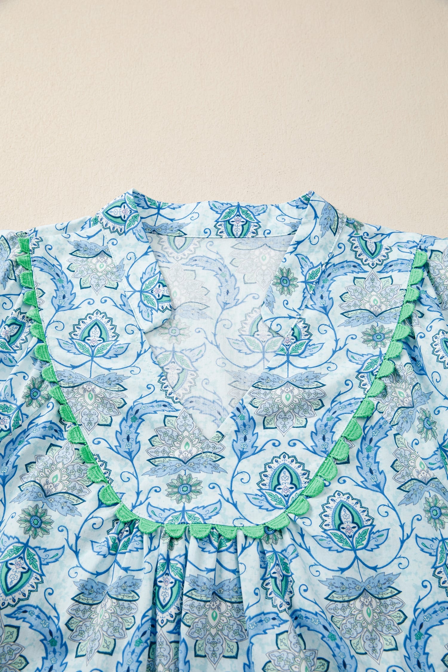 Sky Blue Boho Paisley Print Contrasted Patchwork Detail Bracelet Sleeve Loose Mini Dress