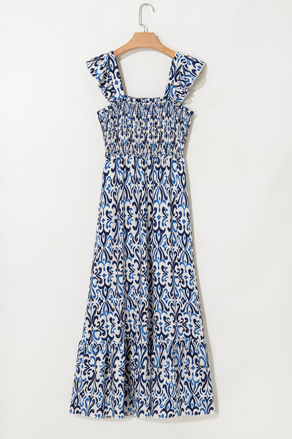 Sky Blue Boho Print Smocked High Waist Maxi Dress