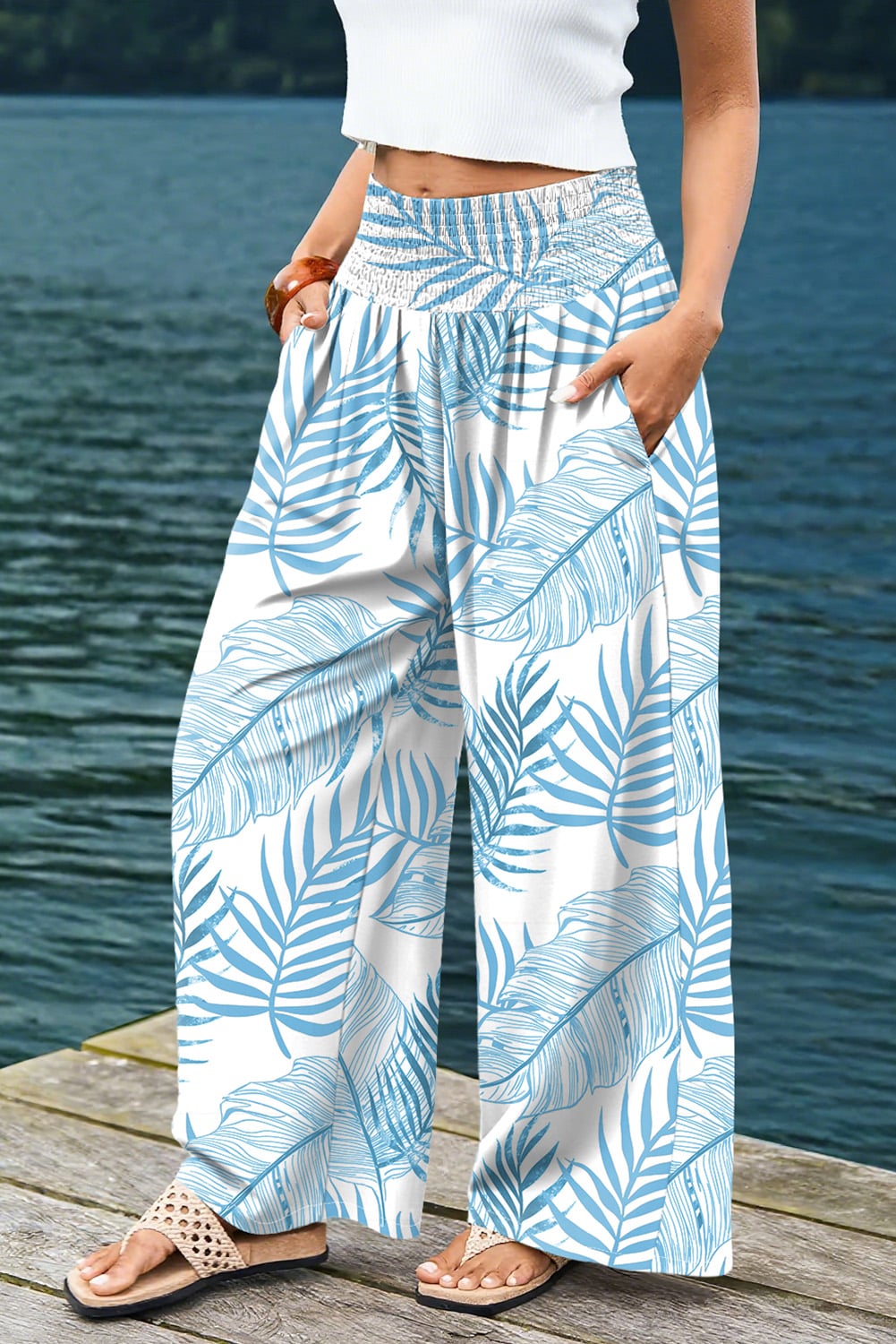 Sky Blue Botanic Print Shirred Waistband Wide Leg Pants