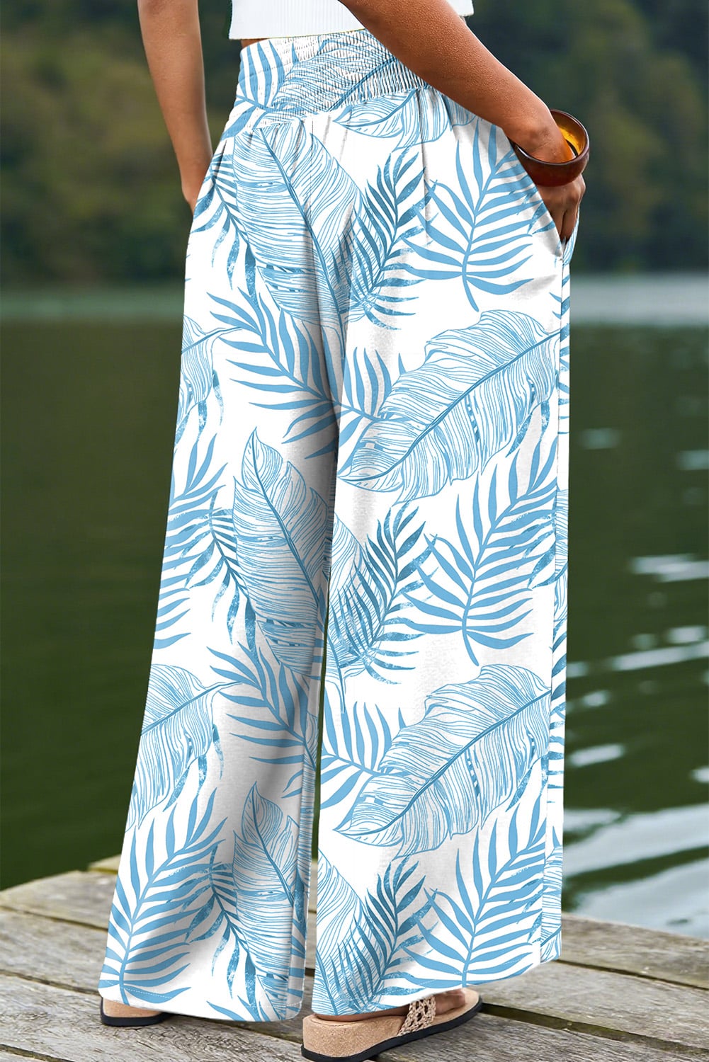 Sky Blue Botanic Print Shirred Waistband Wide Leg Pants